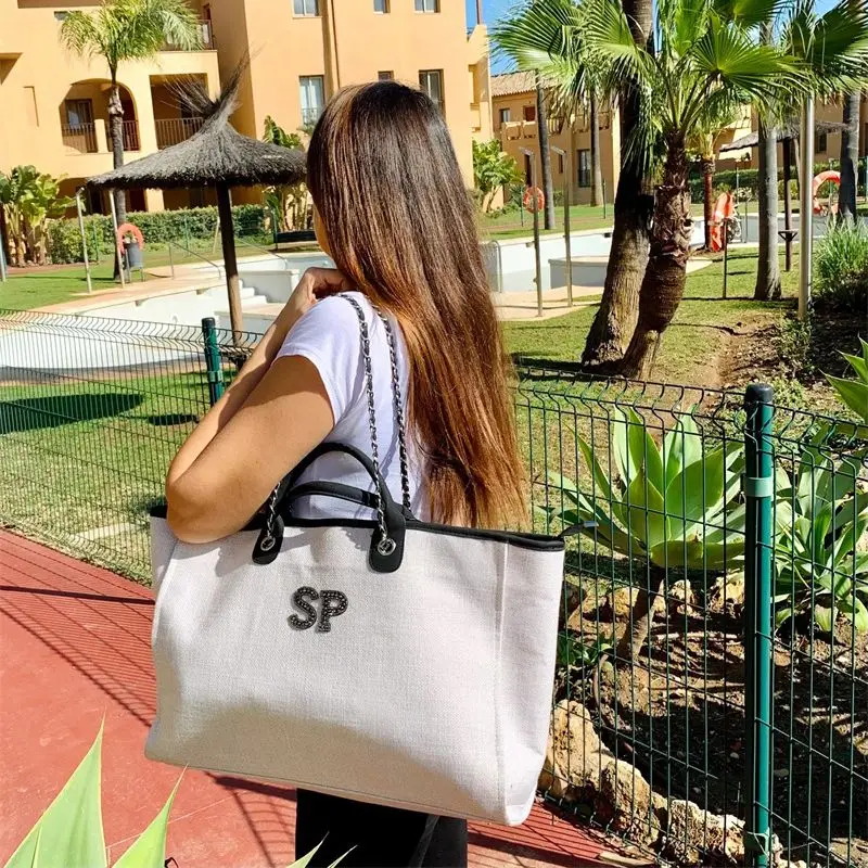 Large Luxury Customized Monogram Tote Bag, Canvas Chain Beach Shopping Tote Bag, Personalized Weekend Hand Bag, Luxe Chain Bag