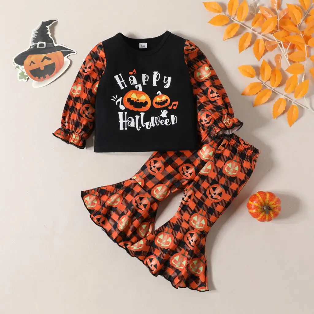 

2023 Ins Halloween Baby Girls 2PCS Clothes Set Pumpkin Printed Plaid Long Sleeve Tops Flared Pants Suit Toddler Girls Outfits