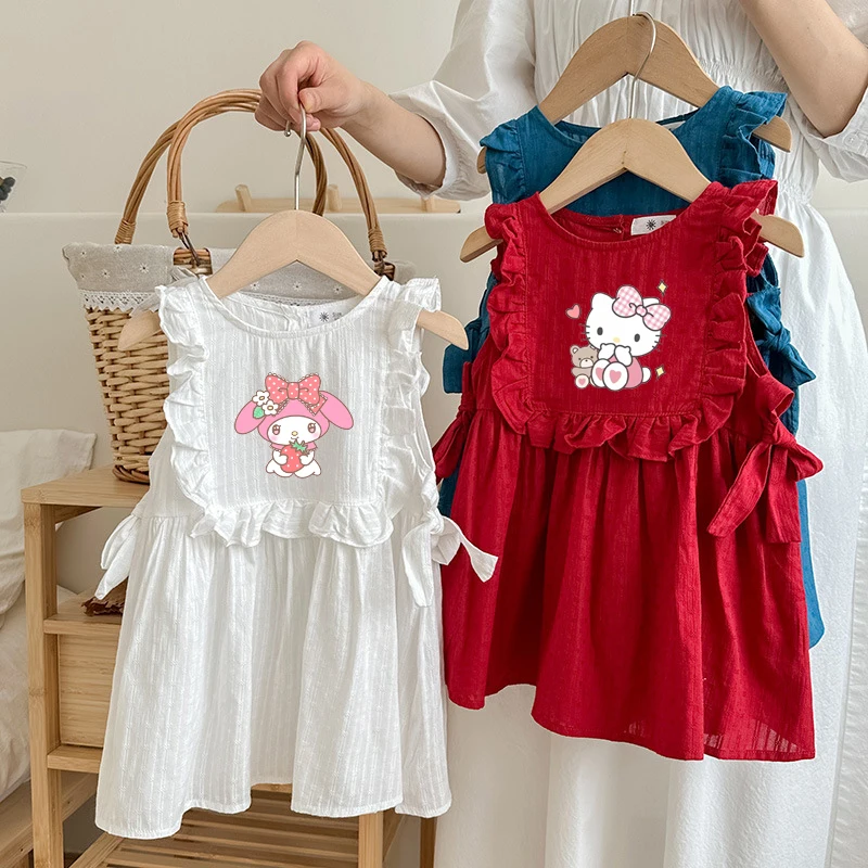 

Kawaii Sanrio Hello Kitty Cinnamoroll My Melody Children Dresses New Summer Sleeveless Cartoon Printing Ruffled Baby Skirt Gifts