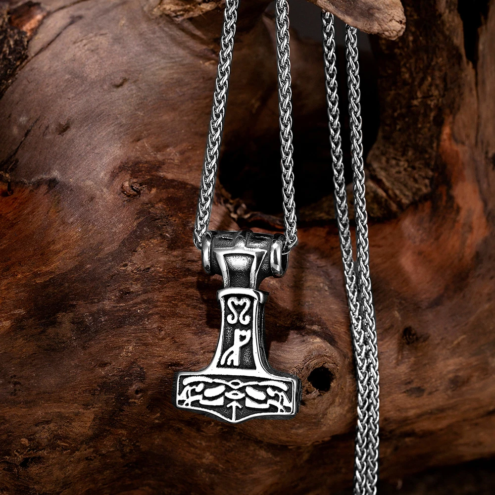 Collana Con Ciondolo Martello Di Thor Mjolnir Vichingo, Acciaio Inox 316L, Unisex, Catena Box 60cm