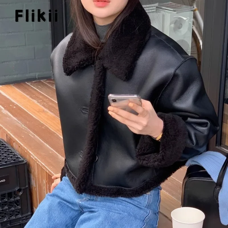 

Women Casual Chic Fashion Retro Motocycle Style Faux Leather Jacket 2023 Winter Vintage Loose Long Sleeve Black Faux Jacket