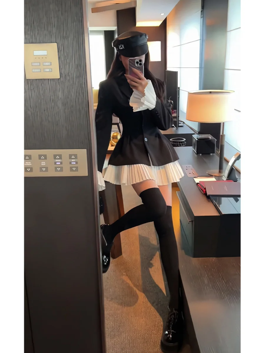 Elegant Patchwork Suit Dress Women Turn-down Collar Single Breasted Flare Sleeve Pleated Autumn Spring Korean Chic New Clothes