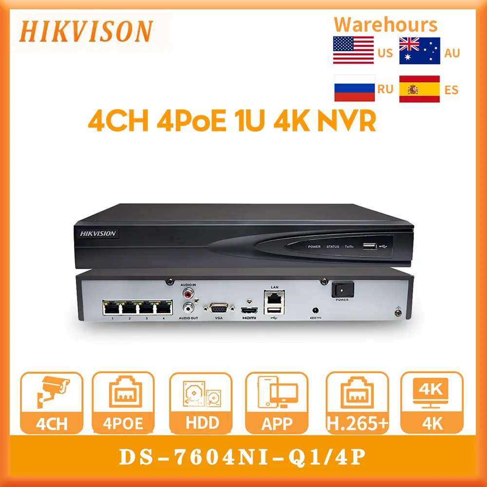 Originale Hikvision Ds-7604Ni-Q1/4 4 Canali 8Mp 1U Audio Bidirezionale 4Poe 4K Nvr H.265 + Plug And Play Videoregistratore Di Rete