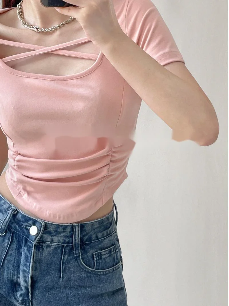 

TVVOVVIN 2023 Summer New Female Pure Desire Spicy Girl Waist Fold Ins Tight Show Thin Chest Cross Short Sleeve T-shirt Y4P3