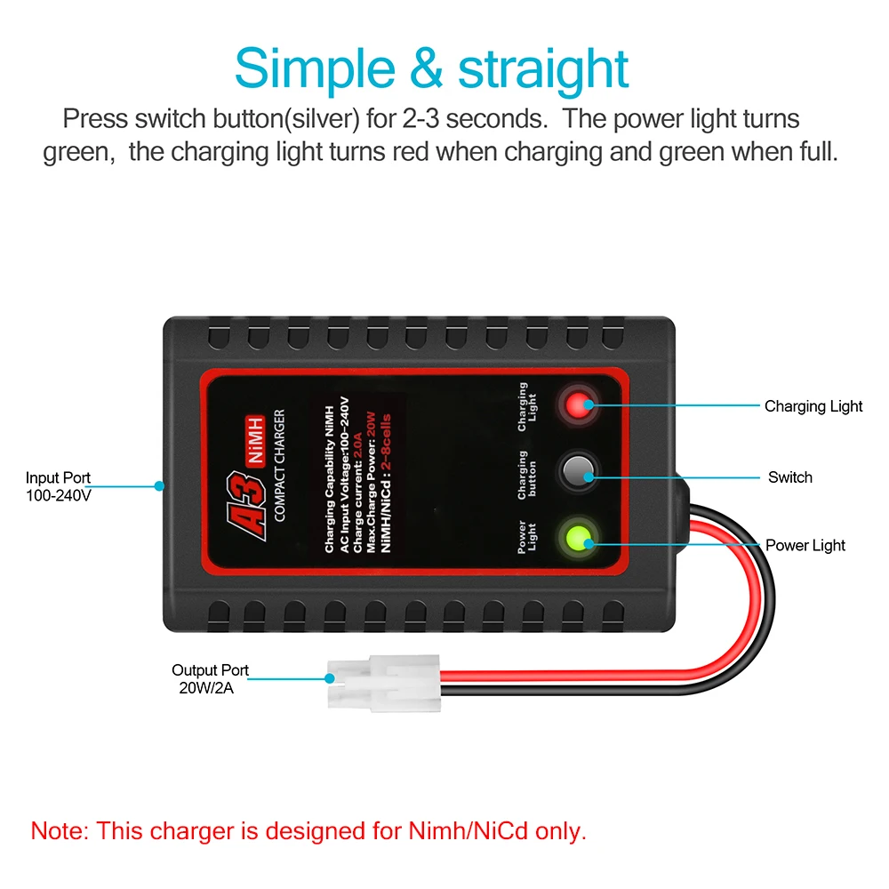 A3 20W Compact Charger with Tamiya Plug RC Charger for Airsoft Gun RC Car Boat