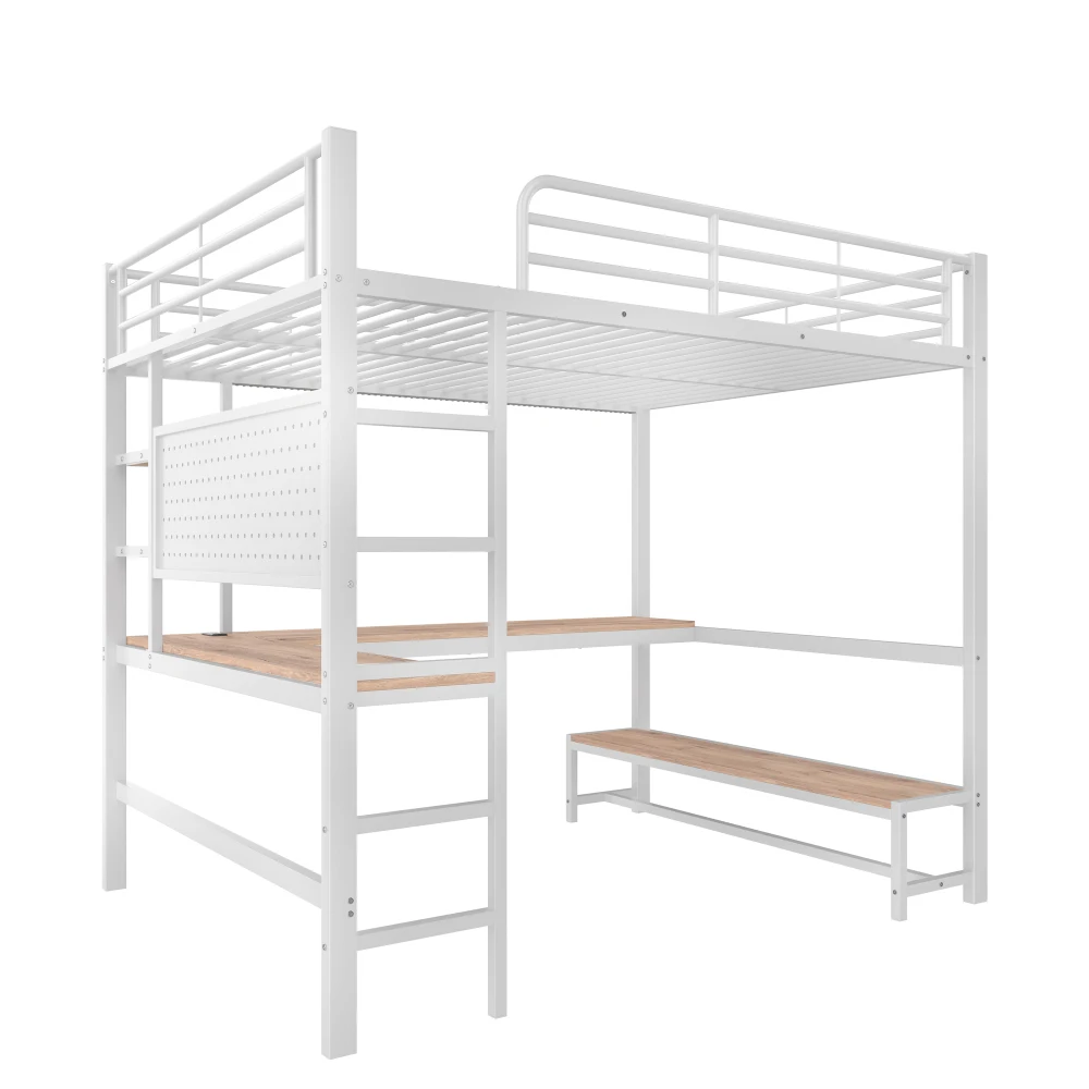 90 x 200 cm großes Hochbett, Eisenrahmen, Schreibtisch, Geländer, Rolltreppe, mit USB+Typ-C-Buchse und LED-Leiste, mit perforiertem Brett, ohne Matratze – Detail 37