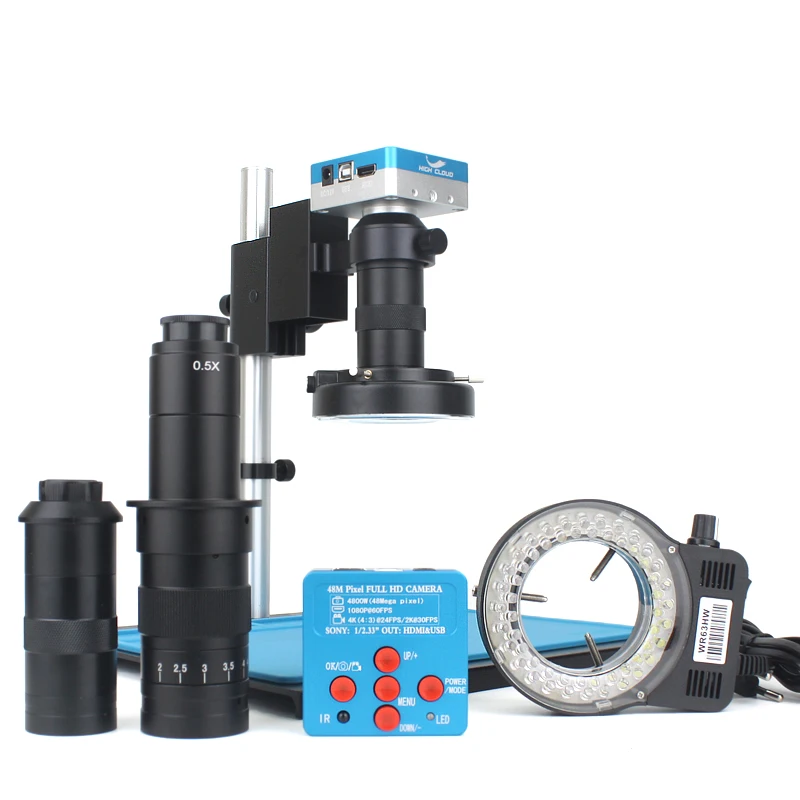 4K 48Mp Hdmi Usb Digital Video Microscope Camera Ingrandimento Regolabile 130X 180X C Mount Len Zoom Stand 56 Led Ring Light