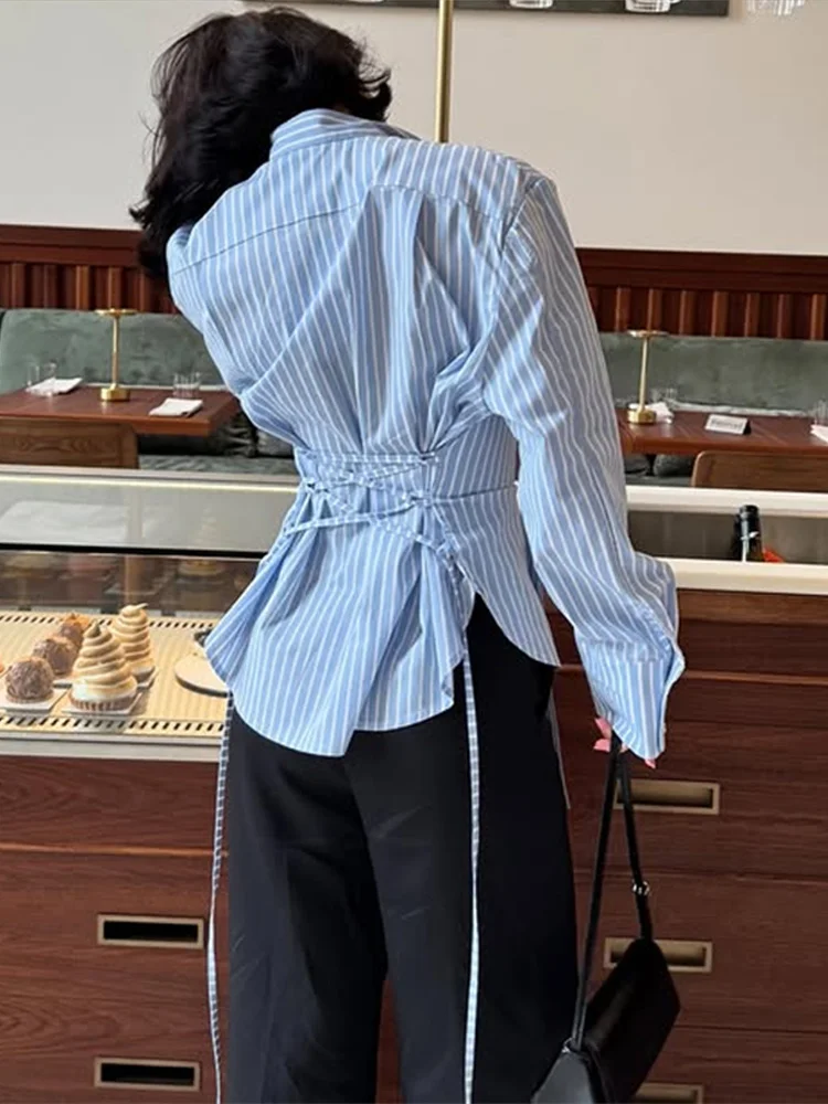 Fashion Women's Shirt Plaid Turn-down Collar Full Sleeve Backless Lace Up Female Shirts 2025 Spring Chic New Lady Street Tops 5