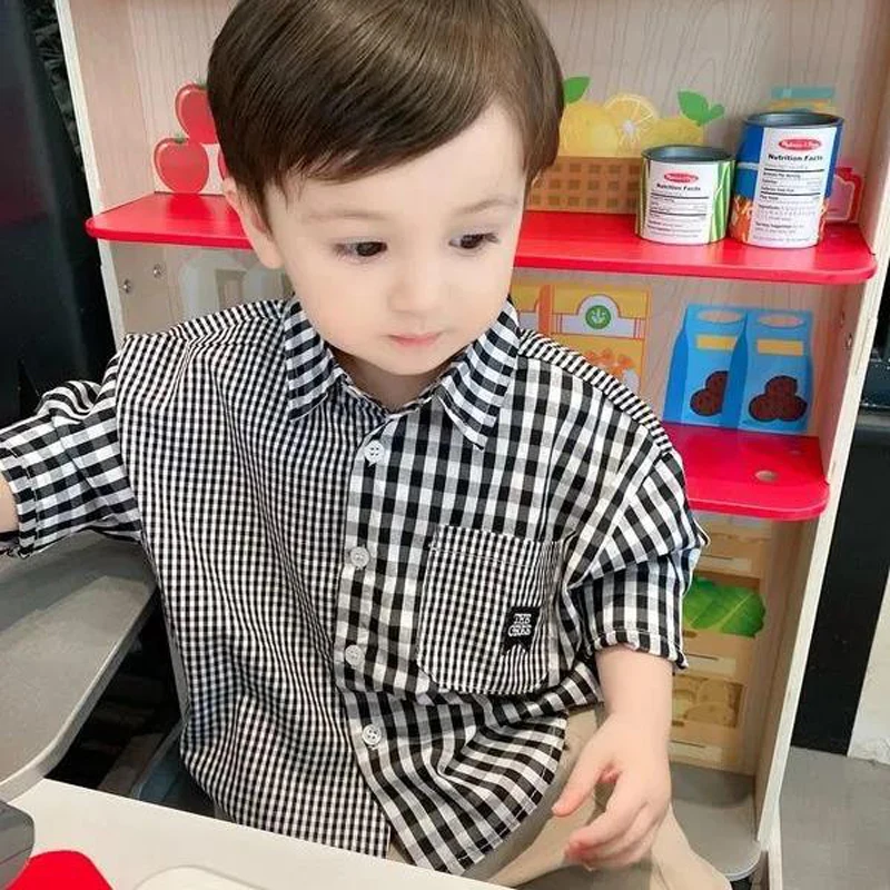 IENENS Kids Shirt Clothes Spring Thin Blouses Clothing Infant Boy Plaid Cotton Tops 1 2 3 4 Years Kids Long Sleeves Shirt