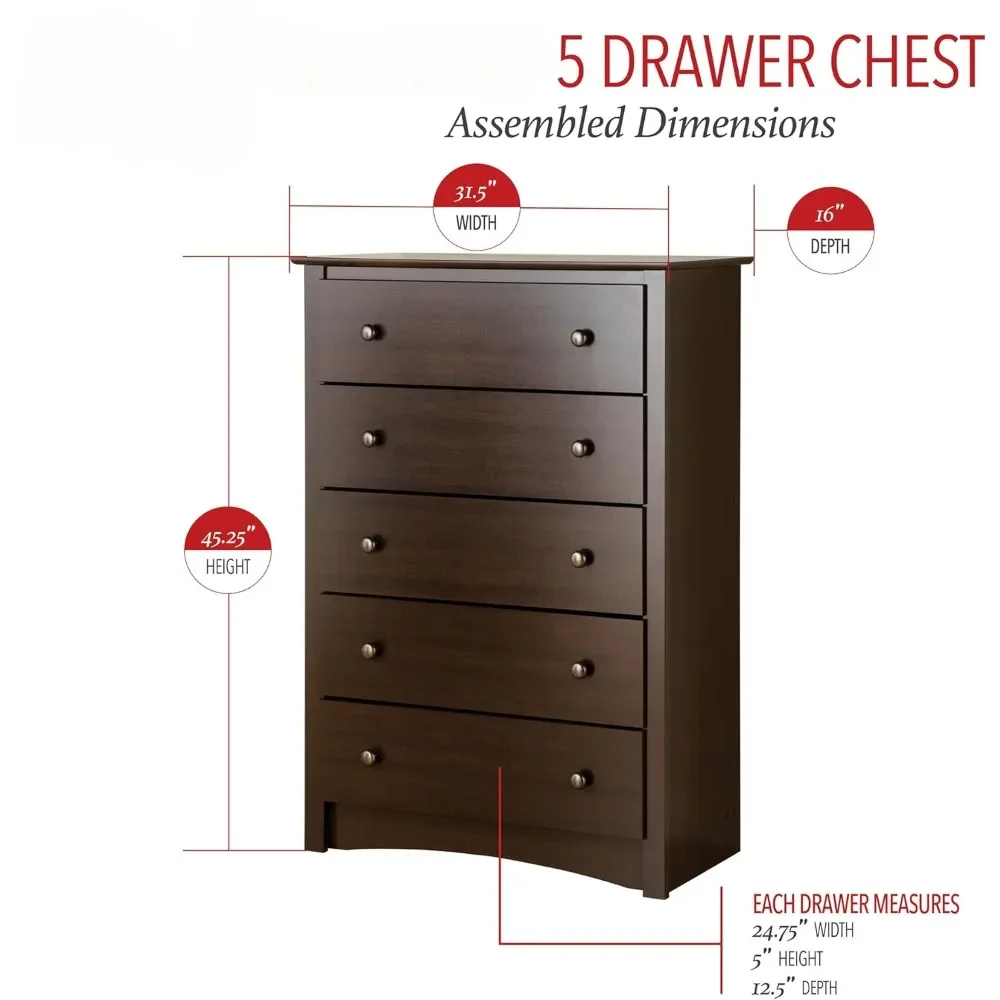 Superior 5-Drawer Chest for Bedroom - Spacious and Stylish Chest of Drawers, Measuring 16"D x 31.5"W x 45.25"H, Espresso Finish 5