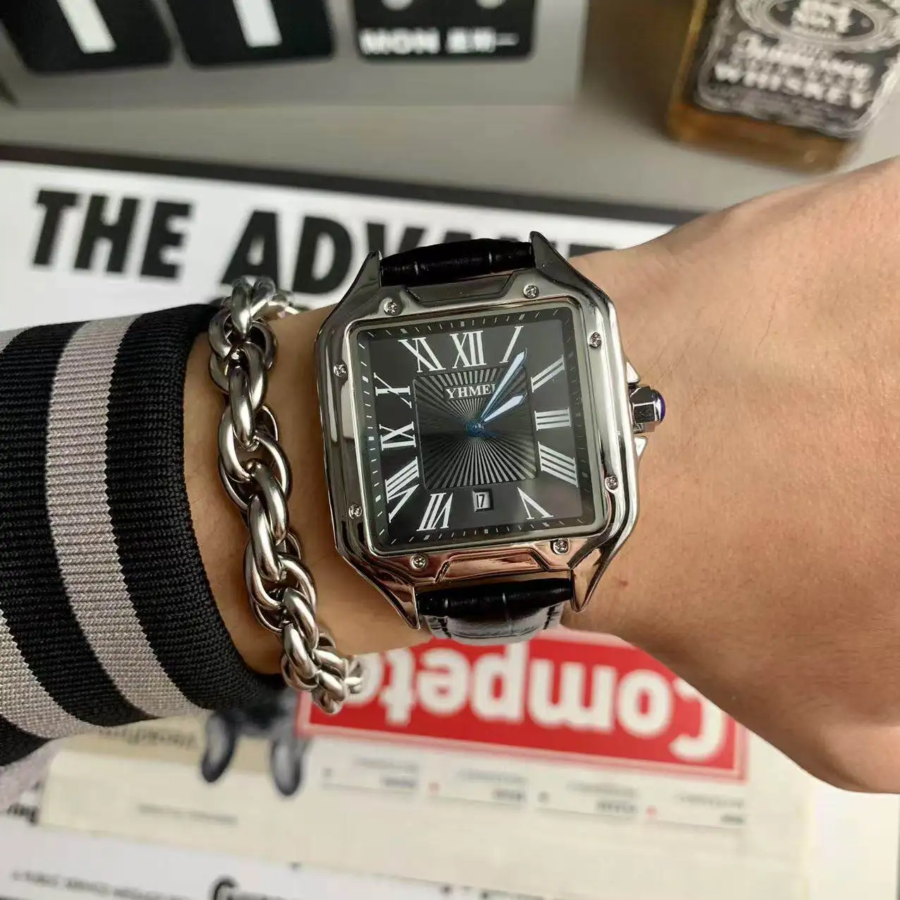Luxury Watch for Men Square Rectangle Reloj Sliver Orologio Black Leather Strap Stainless Steel Quartz Wristwatch Male Man Clock