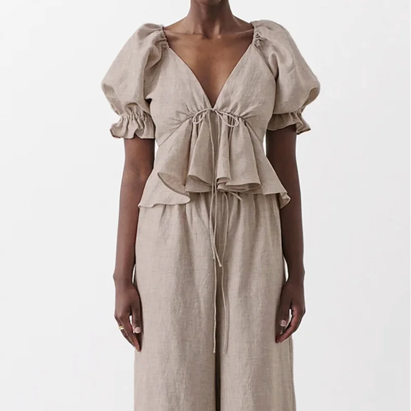 Spring and Summer Cotton and Linen Lace-up Exposed Back V-neck Puff Sleeve Short-Sleeved Shirt Women's Wide-Leg Pants Slimming T