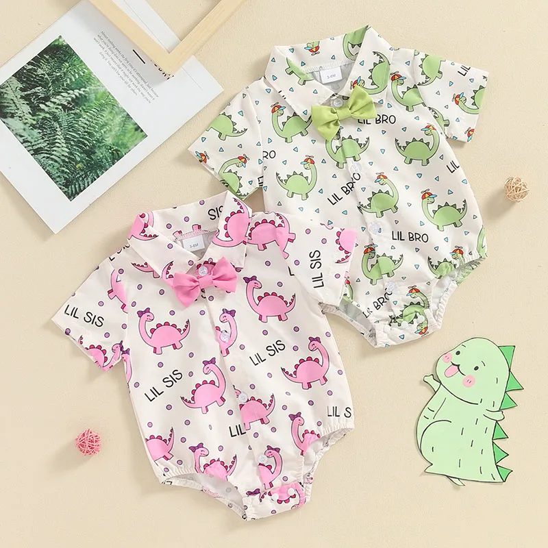 

Tregren 0-18M Baby Girls Boys Romper Sister Brother Matching Outfits Letter Dinosaur Print Jumpsuits Summer Infant Bodysuits