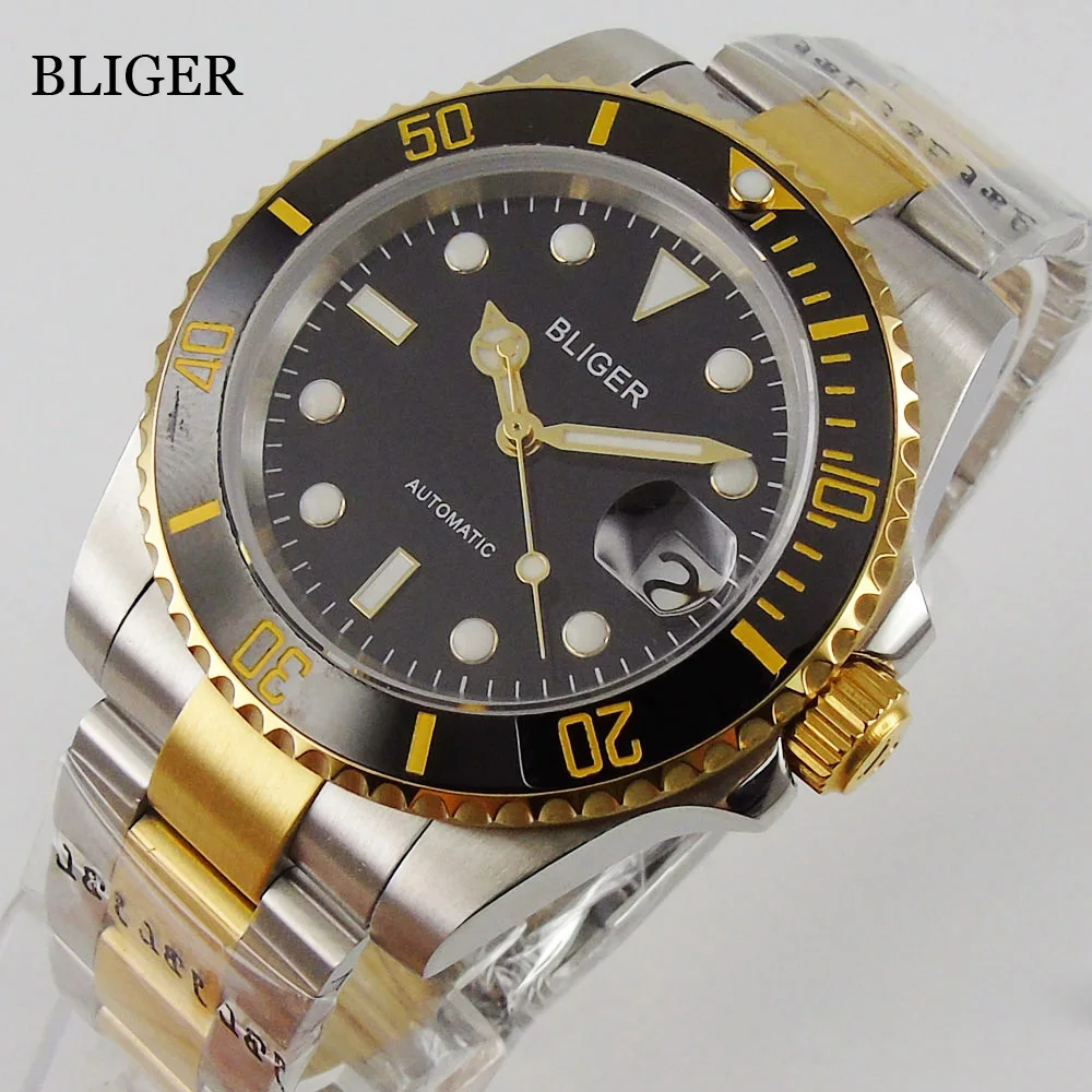 Bliger 40Mm Two Tone Gold Case Self Winding Men Watch Sapphire Crystal Nh35 Miyota 8215 Pt5000 Movement Black Dial Oyster Strap