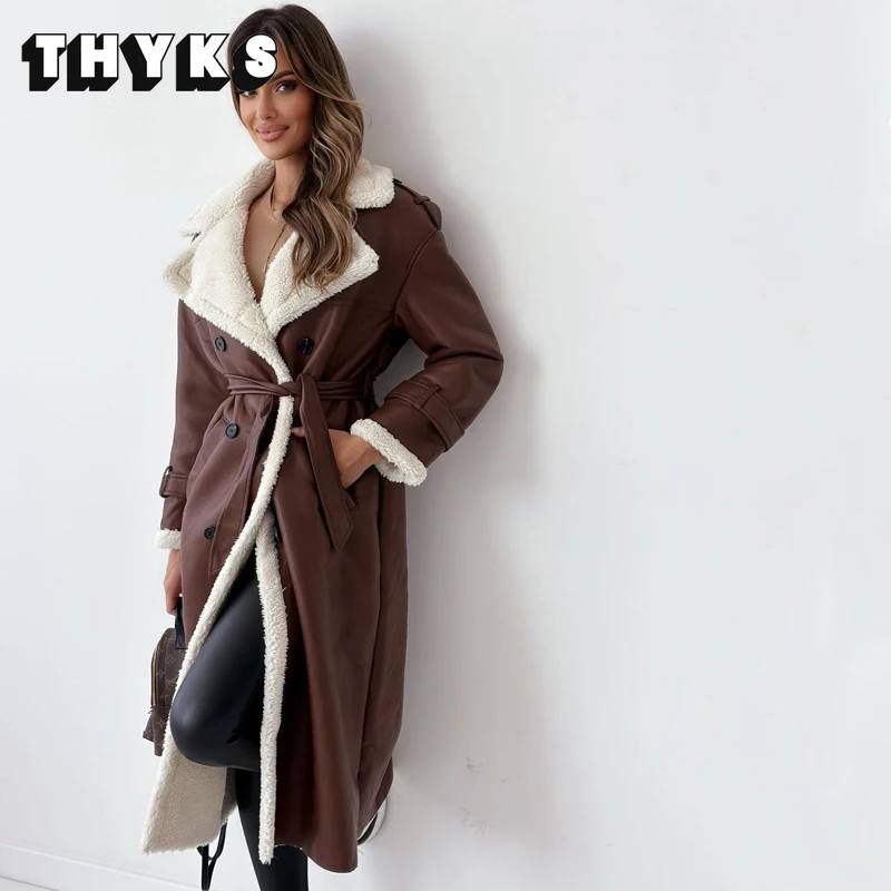 

Composite Leather Plush Jackets Women Stand-up Collar Lapel Jacket Oversize Winter Classic Simple Versatile Solid Warm Long Coat