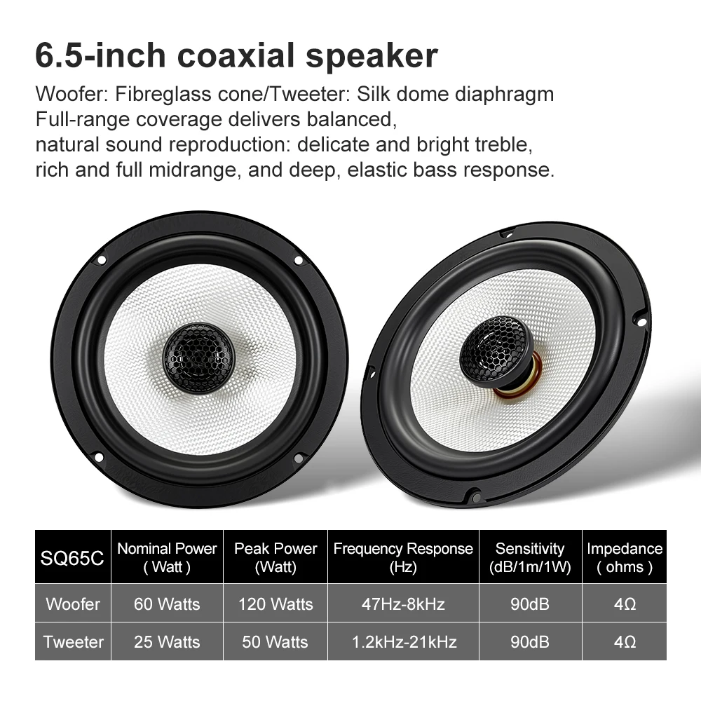 6.5インチ 240W（2×120W）カースピーカーセット、同軸スピーカー