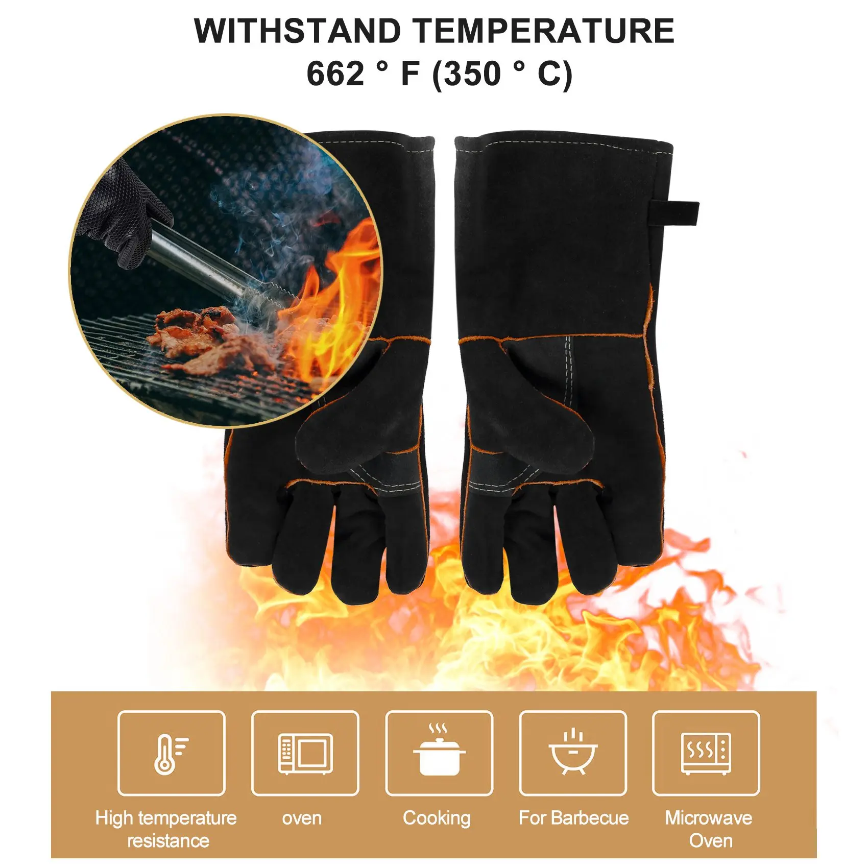 AFOURT-Extrem hitze- und feuerbeständige Handschuhe aus Leder mit Nähten, perfekt für Kamin, Herd, Ofen, Grill, Schweißen, BBQ, MIG, Po – Detail 8