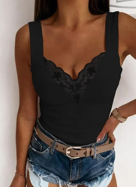 Camicie sexy senza maniche in pizzo tinta unita casual con scollo a V moda estiva da donna Top slim 3