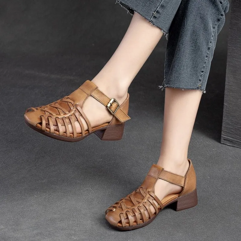 

YourSeason Women Summer Knitted Breathable Shoes Hollow-out Ladies Vintage Genuine Leather Comfortable Thick Heeled Sandals