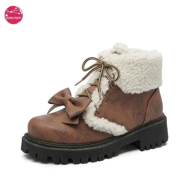 Bottes de rinçage courtes Lolita Bowvétérans t, chaussons de moto en fausse fourrure, chaussures à lacets à plateforme, uniforme JK, mode de rue, hiver - AliExpress