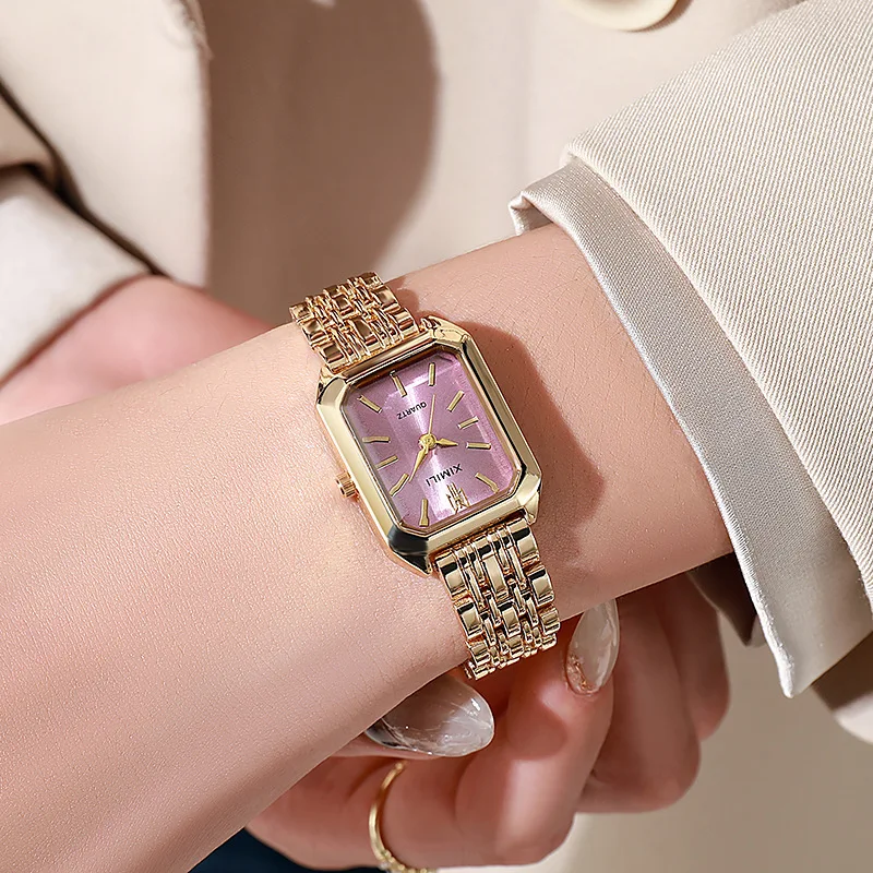 Women Watches Business Luxury Ladies Fashion Quartz Watch Simple Scale Square Quality Gold Plated Stainless Steel Folding Clock 5