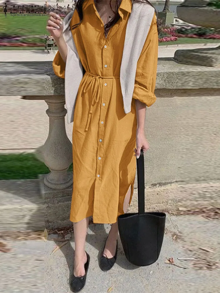 

2023 Autumn Long Sleeve Dress ZANZEA Women Solid Cotton Bandage Elegant Lapel Neck Midi Dresses Casual Button Split Hem Vestidos