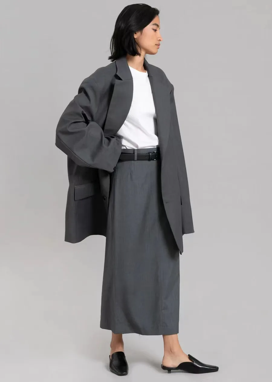 2023 Wool Blend Shoulder Pad Blazer Oversized Blazer Midi Skirt