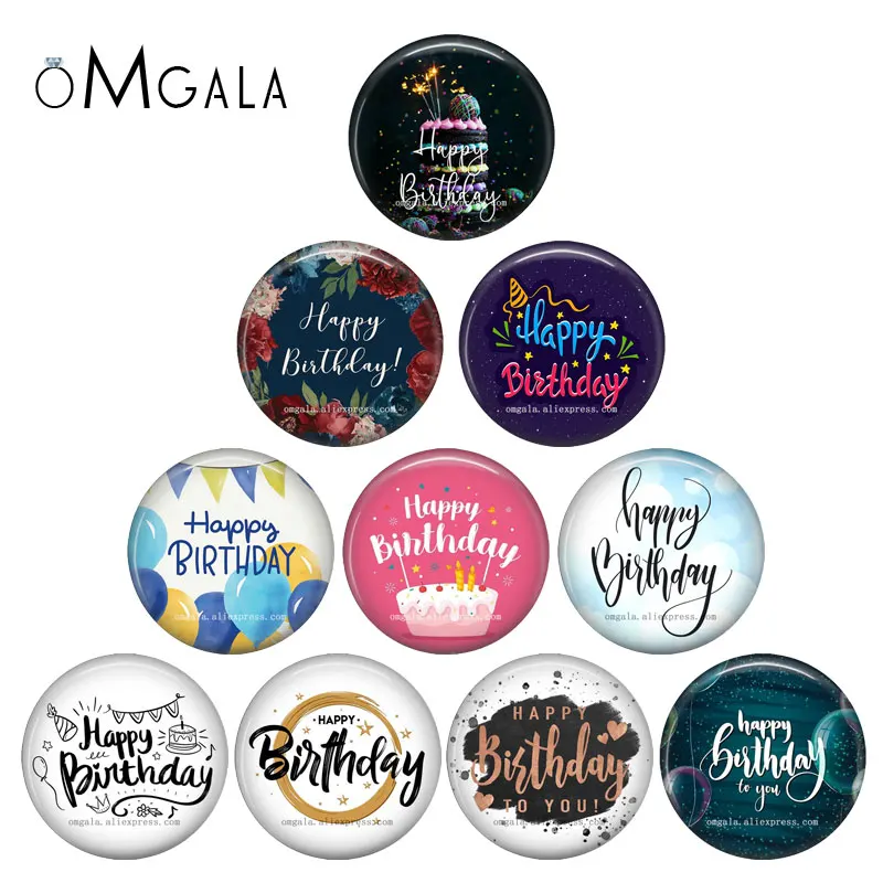 

Happy Birthday Art Font Text Patterns 10pcs 12mm/18mm/20mm/25mm Round photo glass cabochon demo flat back Making findings