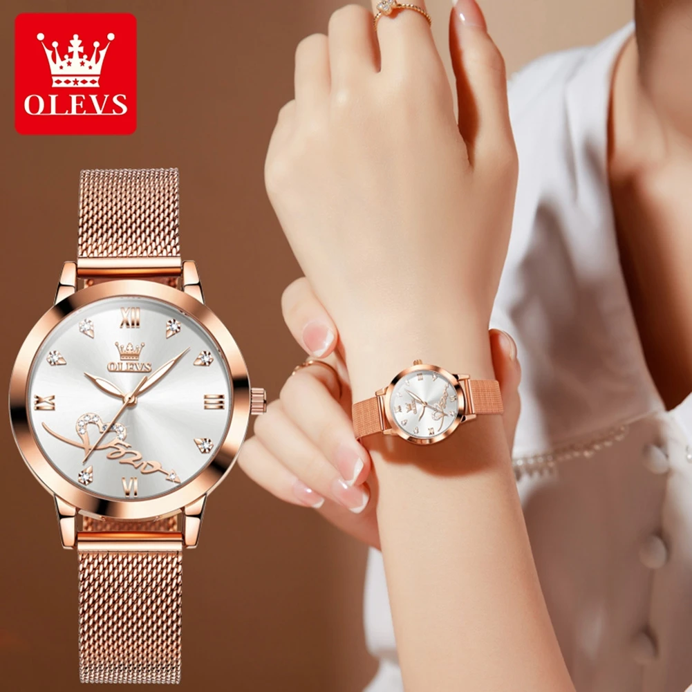 Olevs Topmerk Luxe Dameshorloges Elegant Origineel Quartz Dames Polshorloge Roestvrijstalen Waterdichte Lichtgevende Wijzers Horloge