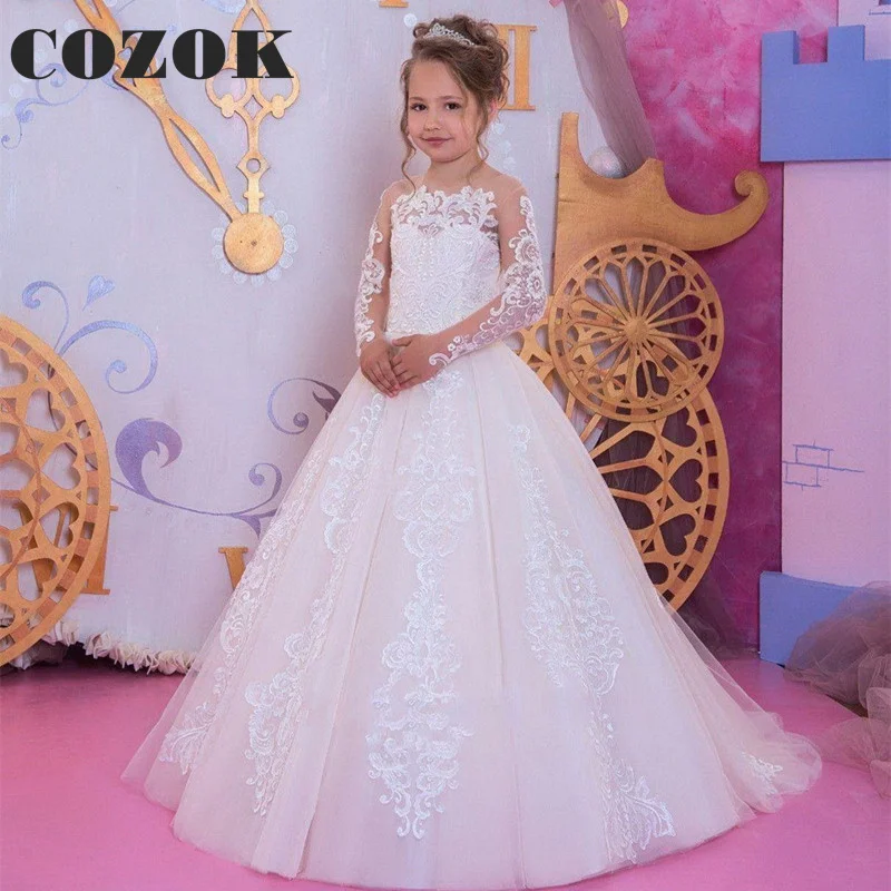 

New Elegant White Tulle Appliques Communion Dresses Girls Vintage Lace Floor-Length Princess Gowns Custom LF91