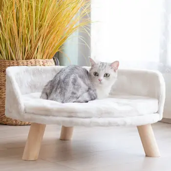 Luxury Soft Cat Bed Warm Plush Fabric Pet Nesting Chair Bed Washable Couch Wood Legs with Cushion Pad for Small Pets 1