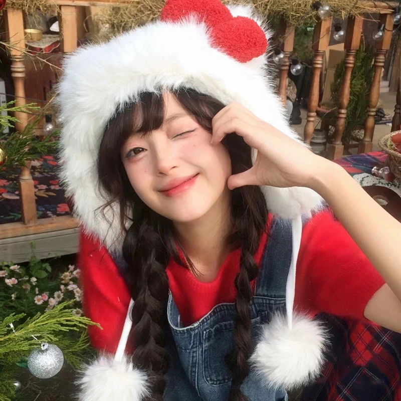 أفخم مرحبا كيتي قبعة الحلو الفتيات الأحمر القوس قبعة تدفئة سميكة الشتاء كأس قبعة المرأة قبعة يندبروف عيد الميلاد صديقة الهدايا