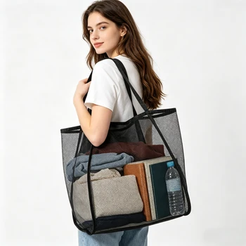 Borsa da Spiaggia in Rete, Grande Borsa Tote per Viaggi in Famiglia/Vacanze, Borsa a Spalla Intrecciata Antisabbia con Ampia Tasca Interna