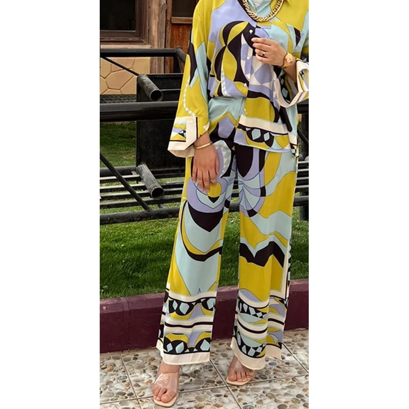 European And American Fashion Women Pajamas Set Loose And Thin Lapel Printed Long-sleeved Wide-leg Pants 2-piece Set Pijama Suit