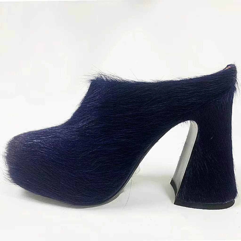 Deluxe Designer High Heels Horsehair Fashion Casual Shoes 2024 Italian Leather Fur Slippers Women Mule Thick Shoes