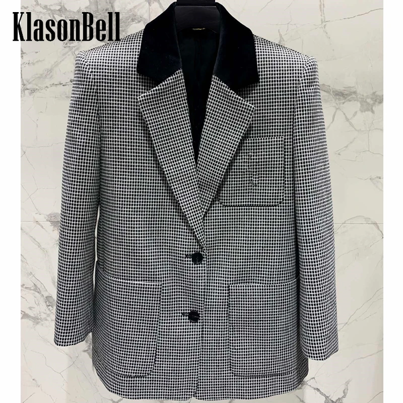 

3.14 KlasonBell Classic Contrast Color Velvet Notched Collar Spliced Plaid Wool Big Pocket Design Loose Blazer 2024 New