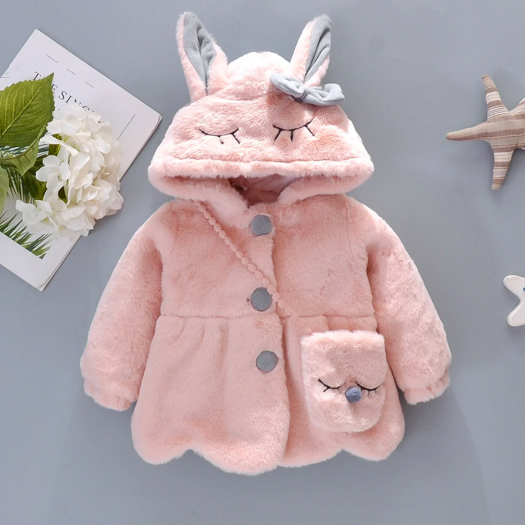 (0-3 Years Old) New Winter Girls' Coat Furry Corduroy Skew Furry Bag Bunny Hooded Cute Button Cape Warm Thick Coat