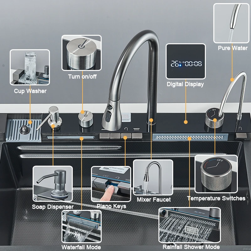 304 Stainless Steel Kitchen Sink with Digital Display Waterfall Faucet, Multifunctional 75*45cm Large Single Slot Whale Sink 5