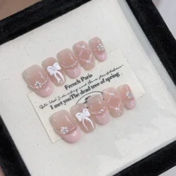10-Piece Handmade Pink Rhinestone French Manicure Press-On Nail Set (554 size-S)
