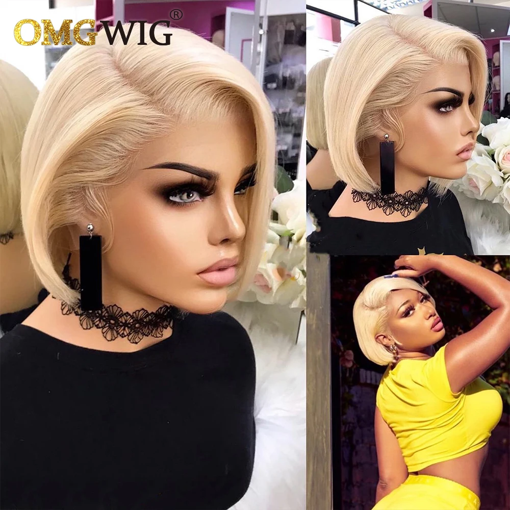 Straight Brazilian Remy Hair 13x1 Side T Part Wigs Blonde Short Bob Pixie Cut Wig Human Hair T Part Lace Wig Black Women 6x1 human hair wig lace front wigs