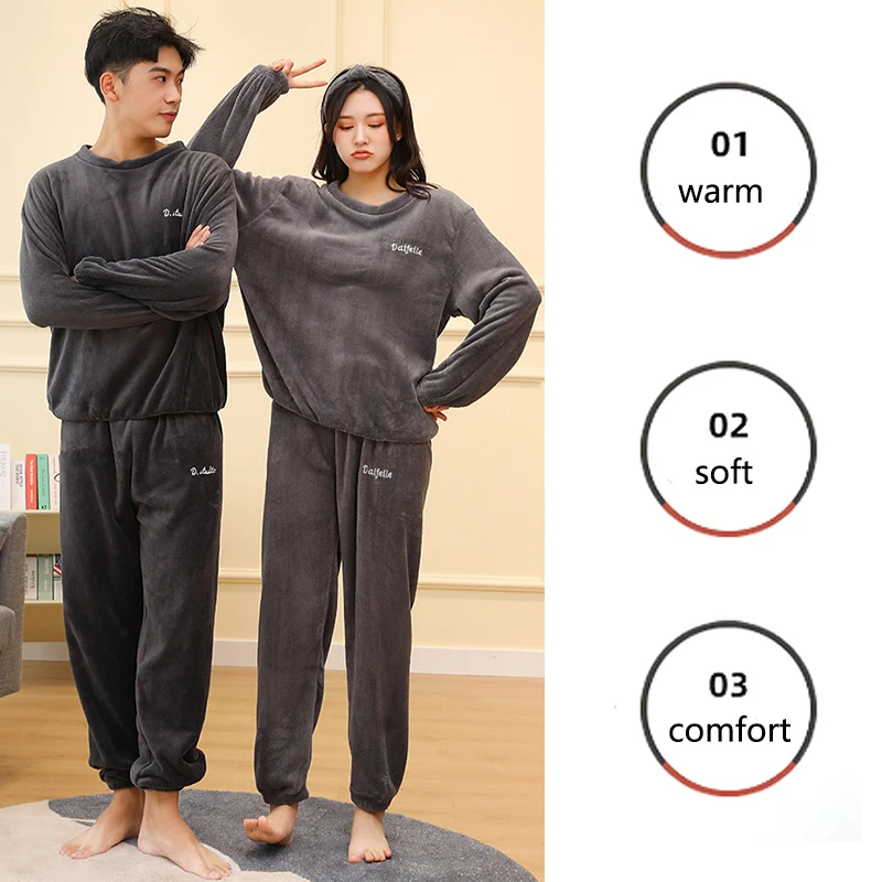 남성용 잠옷 두꺼운 따뜻한 산호 벨벳 가을 겨울 홈웨어 긴팔 긴 바지 솔리드 소프트 잠옷 2PCS/세트 커플