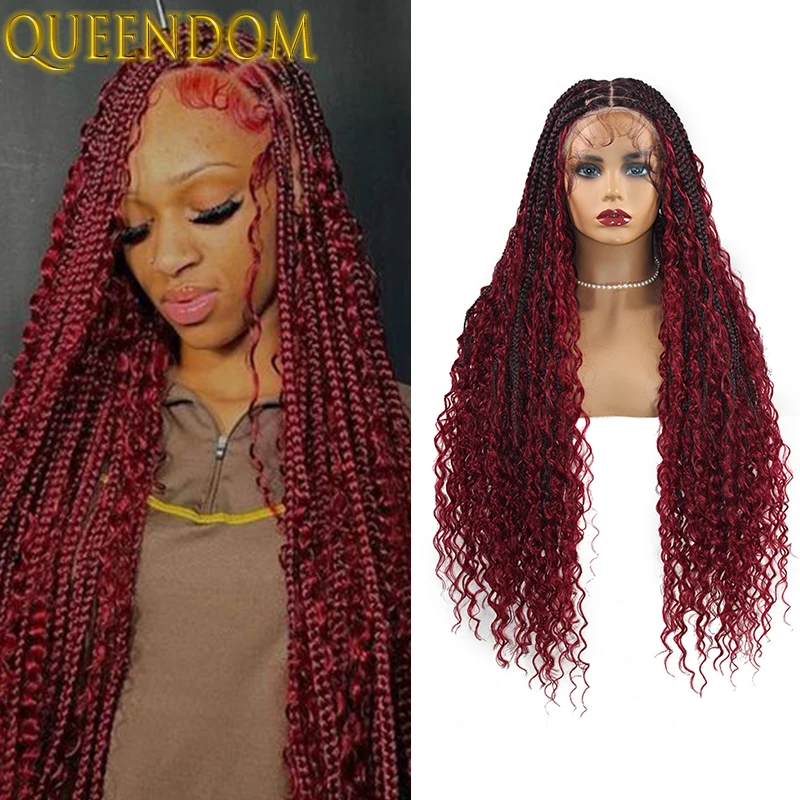 

Full Lace Bohemia Box Braided Wigs Ombre Burgundy 32 Inch Boho Lace Frontal Goddess Wig Knotless Synthetic Cornrow Braids Wigs