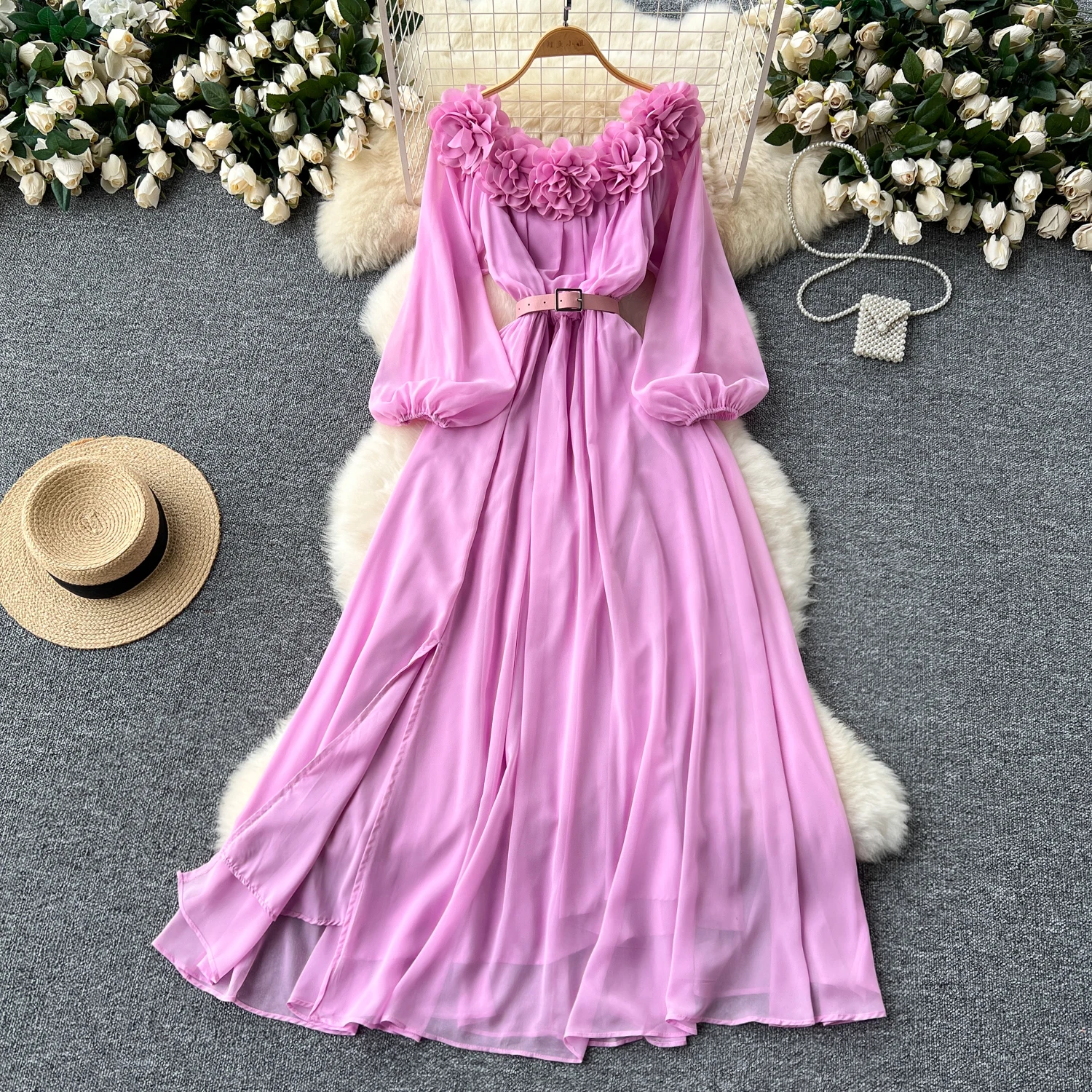 

sweet Vintage Elegant Three-dimensional flower Dress Casual Women Lantern sleeve Fashion summer off shoulder split dresses