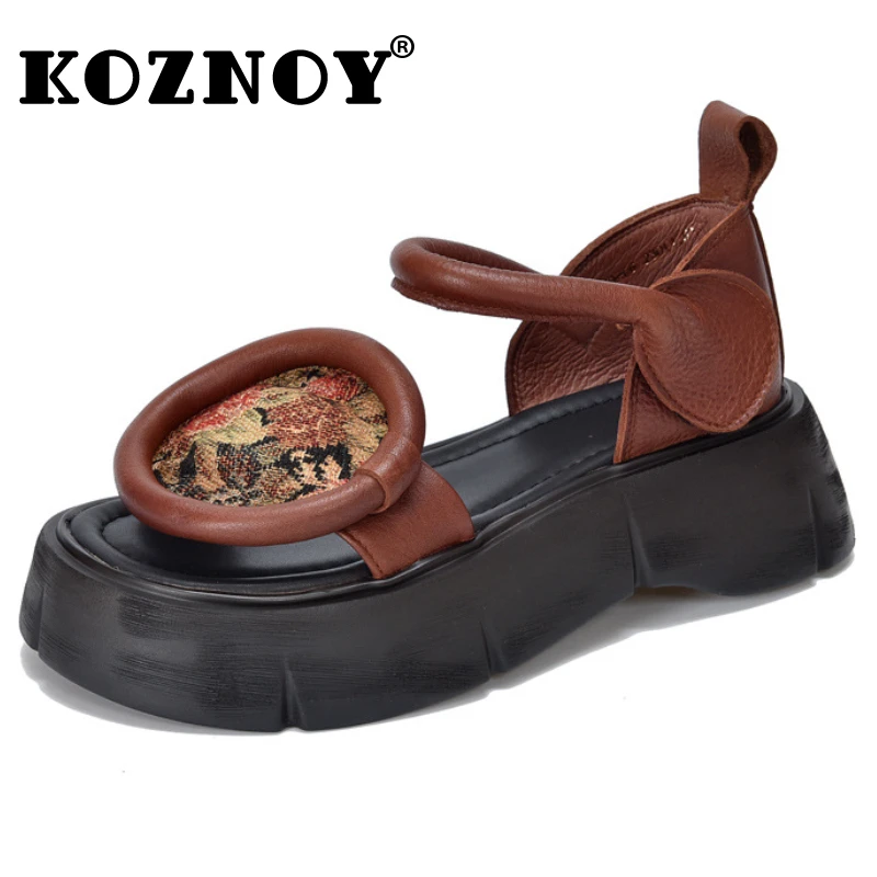 

Koznoy 5cm Stretch Fabric Genuine Leather Women Moccasins Summer Loafer ROME British Platform Wedge Mary Jane Sandals Hook Shoes