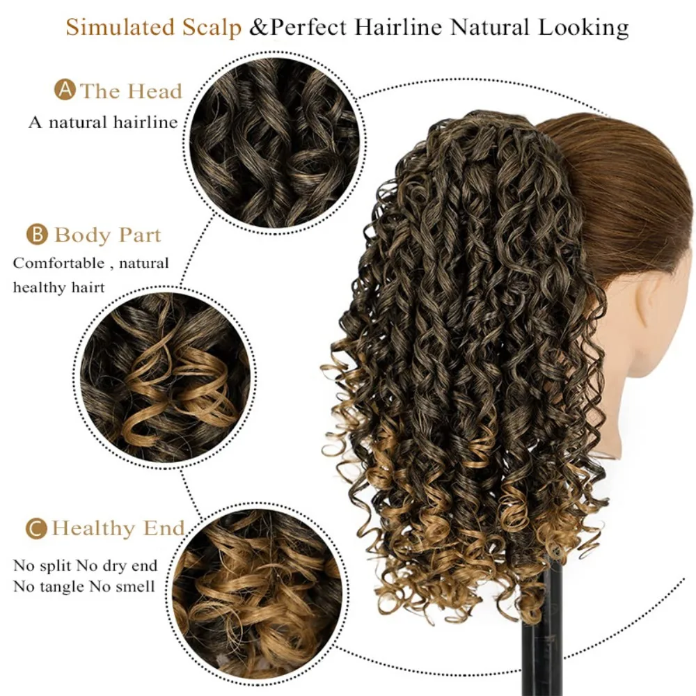 Synthetic Ponytails，Short Twisted Ponytail Hair Extension，Mixed Brown (1B/30#) Drawstring Ponytail for African American Women
