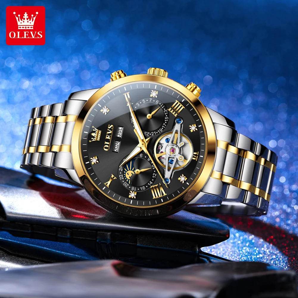 OLEVS 7029 Men Automatic Mechanical Watches Luxury Original Skeleton Men's Wristwatches Business Top Brand Moon Watch For man