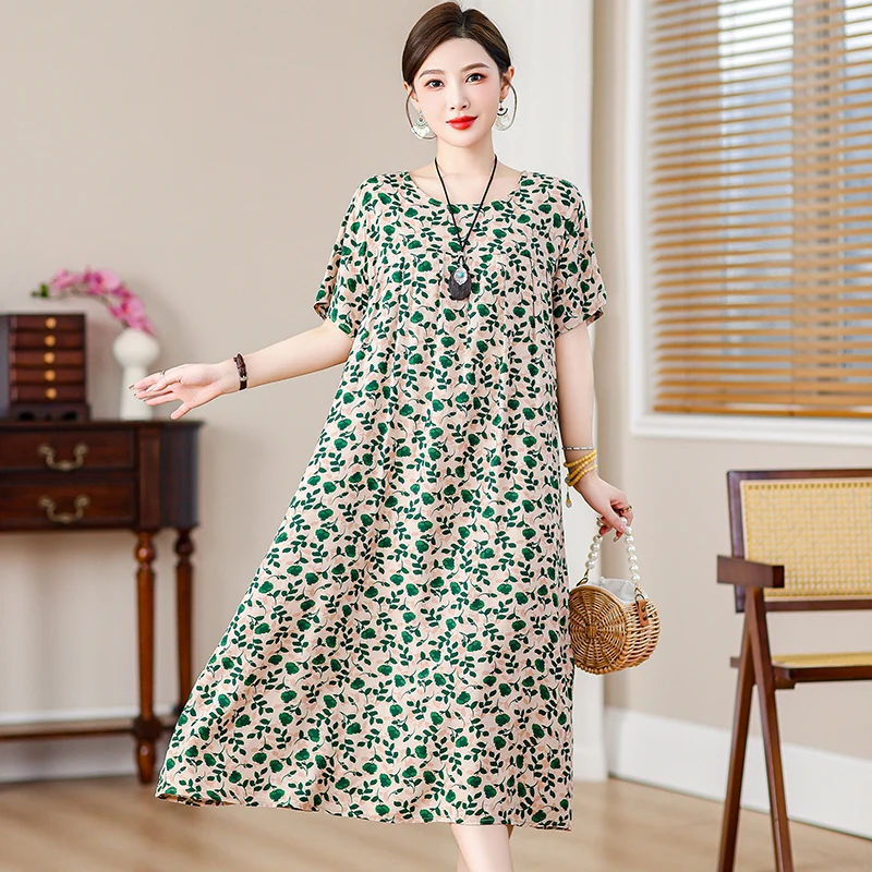 Middle Aged Women's Elegant Loose Dresses Korean Style 2024 New Summer  Vintage Print Long Dress for Women Summer Clothes - AliExpress 200000345