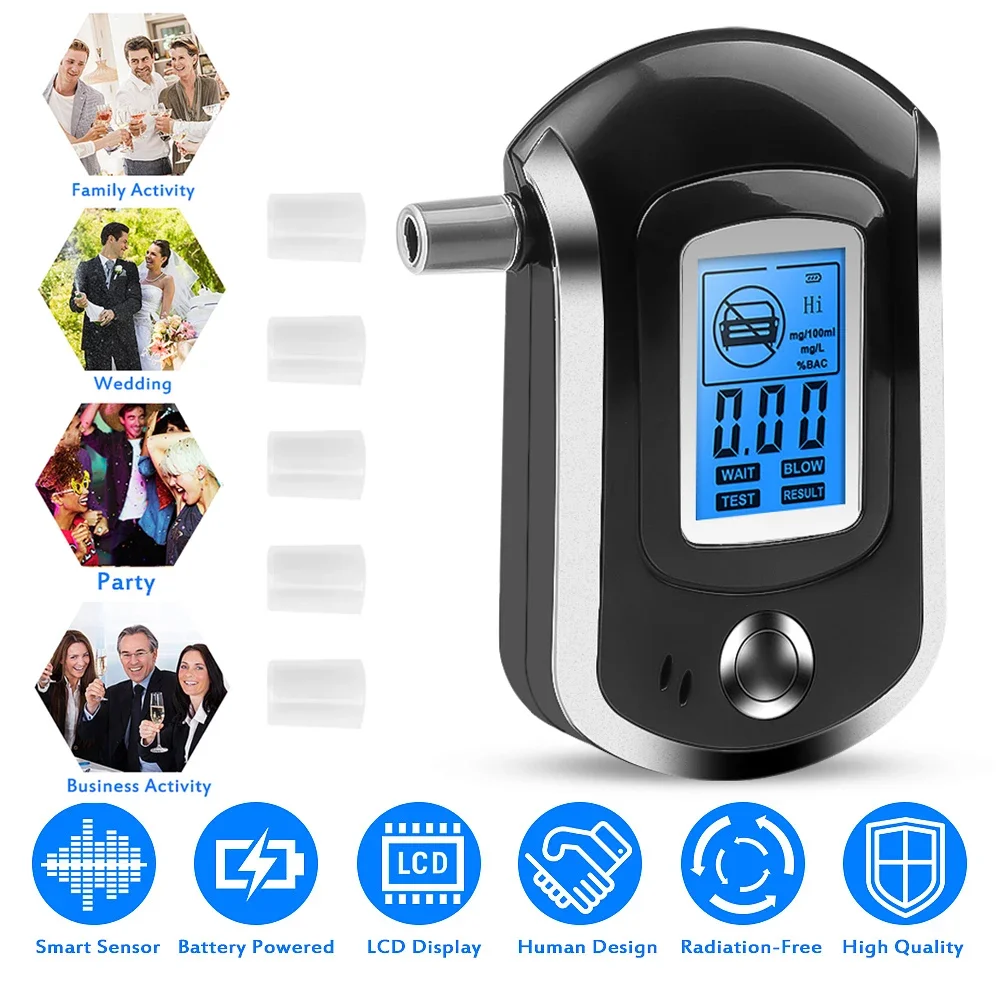 Portable Digital LCD Breath Alcohol Detector Breathalyzer Alcoholmeter with 5 Mouthpieces Battery Replaceable Alcohol tester breath alcohol tester