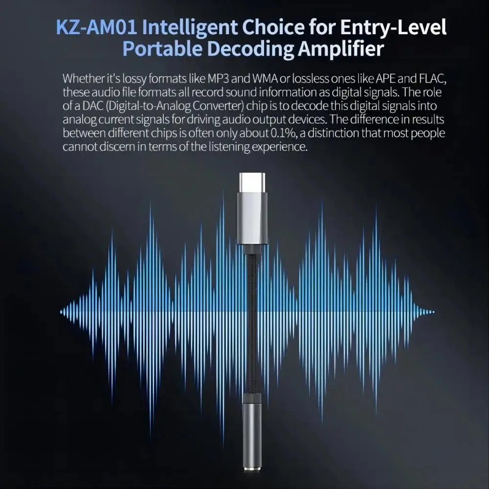 KZ AM01 Type-C - 3.5mm 오디오 어댑터 32bit/384kHz Hi-Fi DAC + IC 앰프 듀얼 칩 이어폰 오디오 케이블