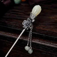 Natural Hetian Magnolia Flower Tassel Pendant Ladies Silver Hairpin Chinese Style Retro Charm Hanfu Accessories Jewelry 3